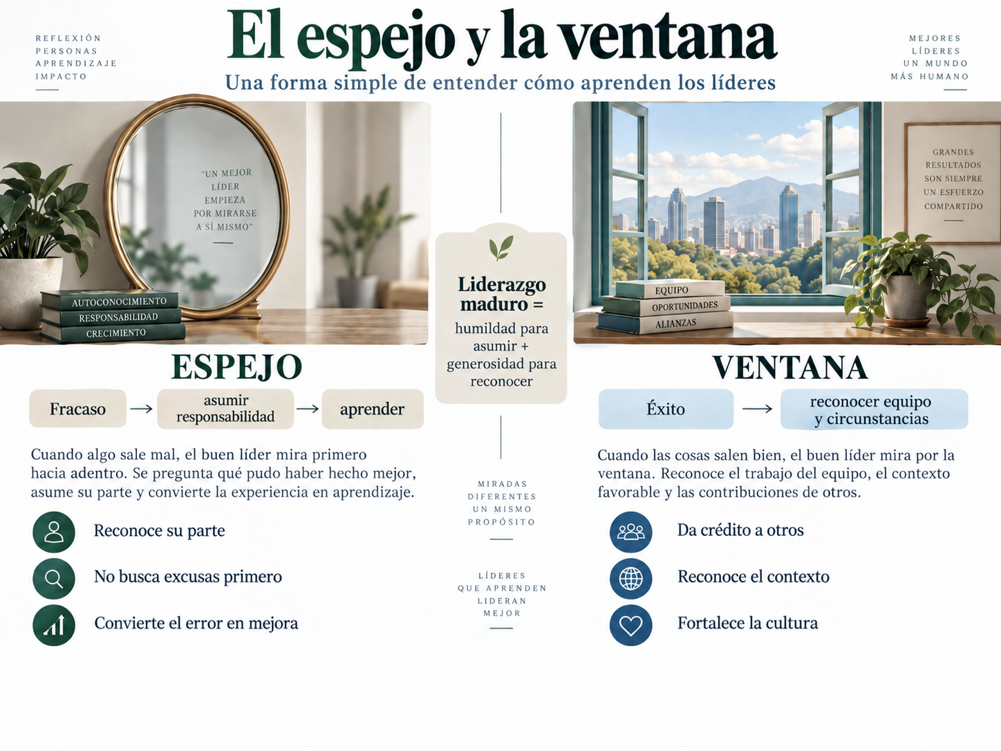 Metodología del espejo y la ventana de Jim Collins aplicada al liderazgo y al aprendizaje