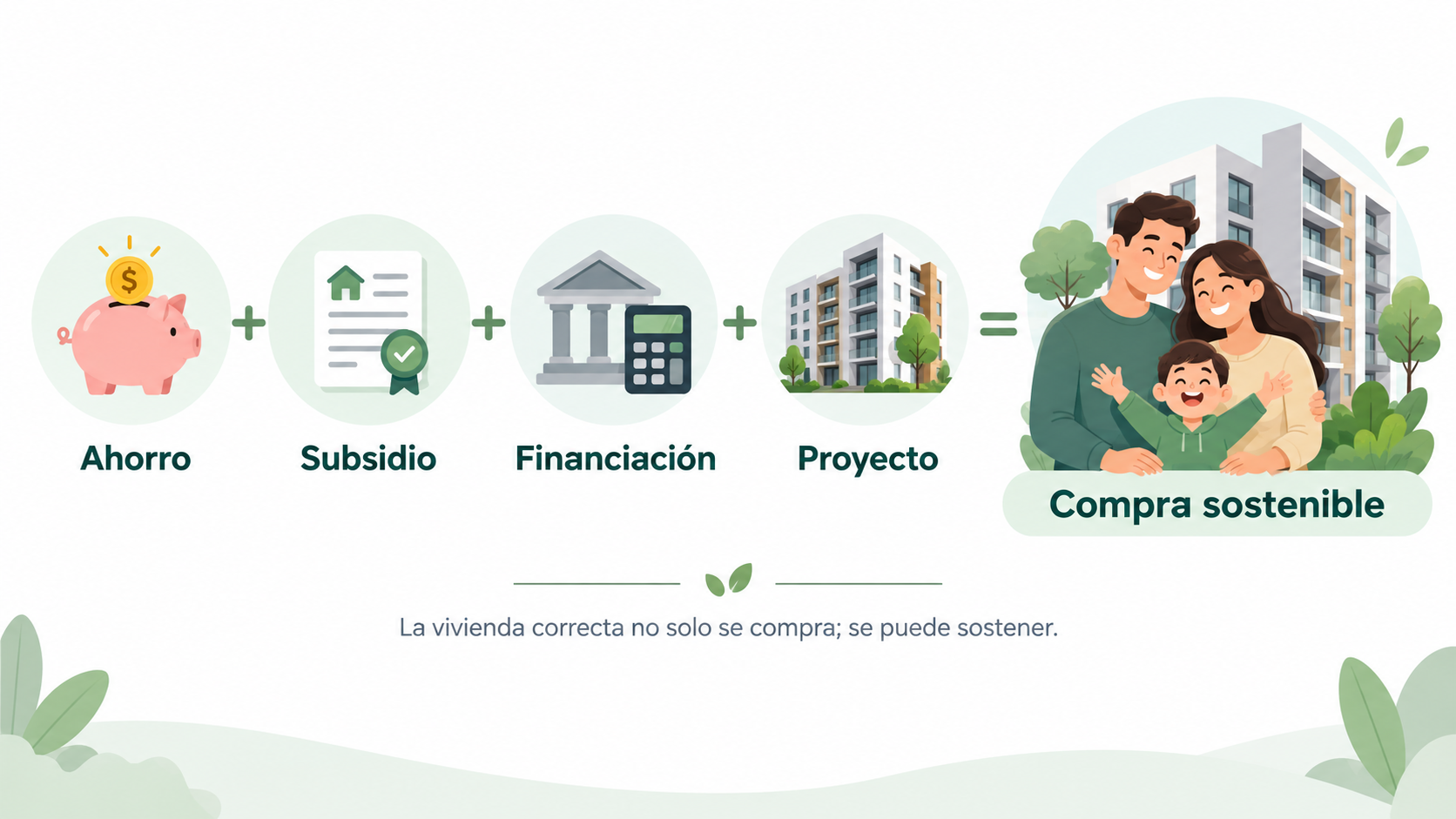 Ahorro, subsidio, financiación y proyecto como claves para una compra sostenible de vivienda VIS en Colombia.
